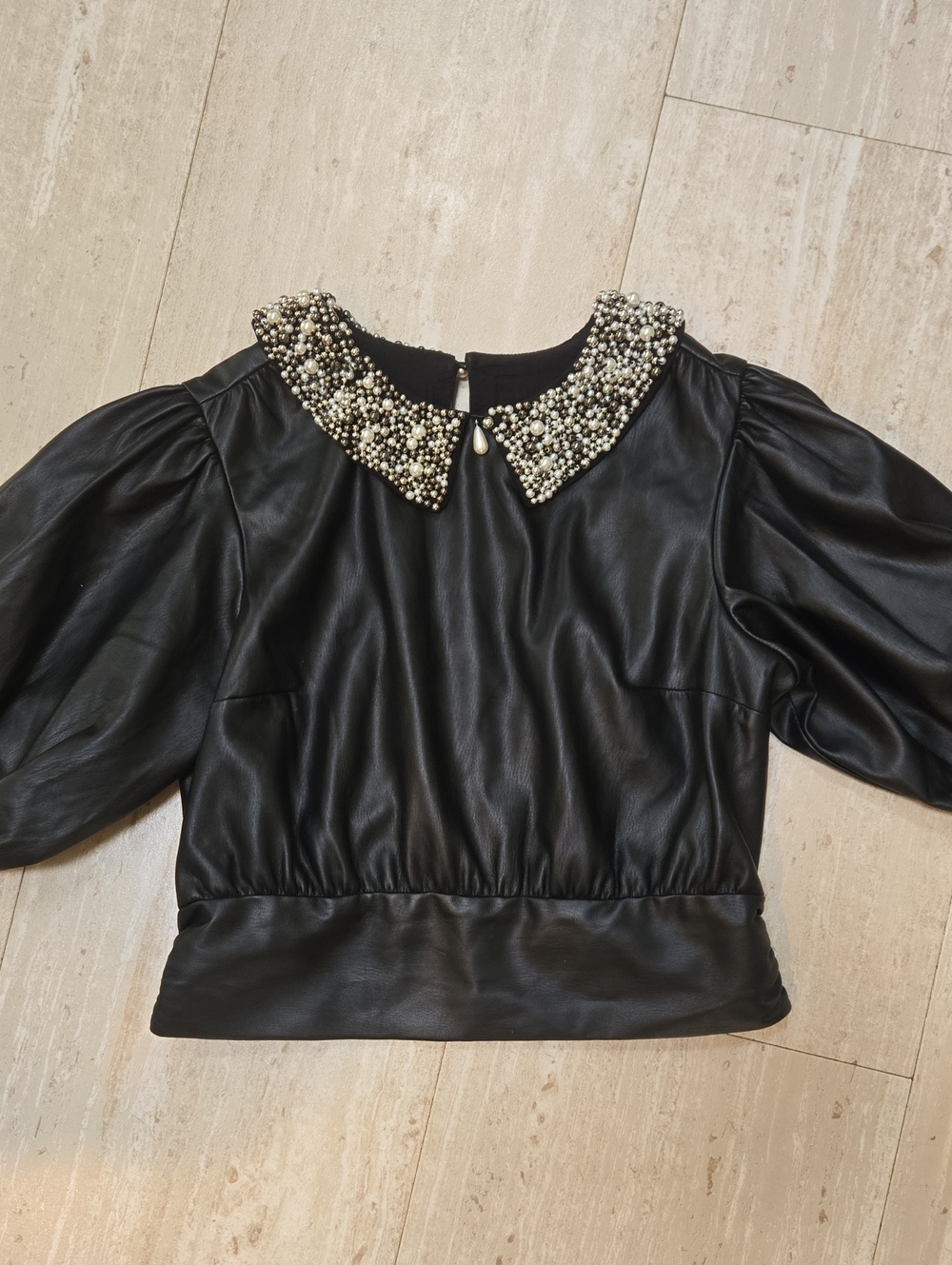 Maeve by Anthropologie Black Faux-Leather Top with Pearl-Embellished Collar
